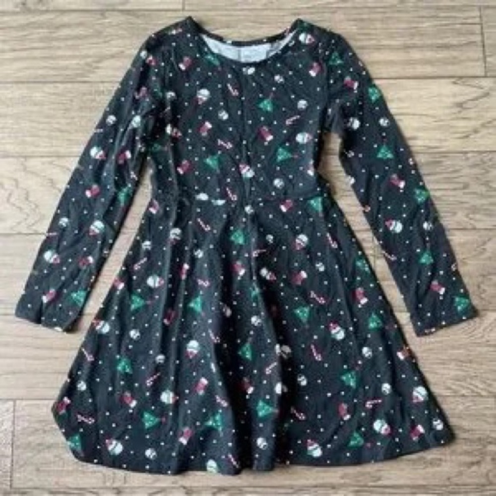 Girls' Black Long-Sleeve Holiday Skater Dress with Green Accents